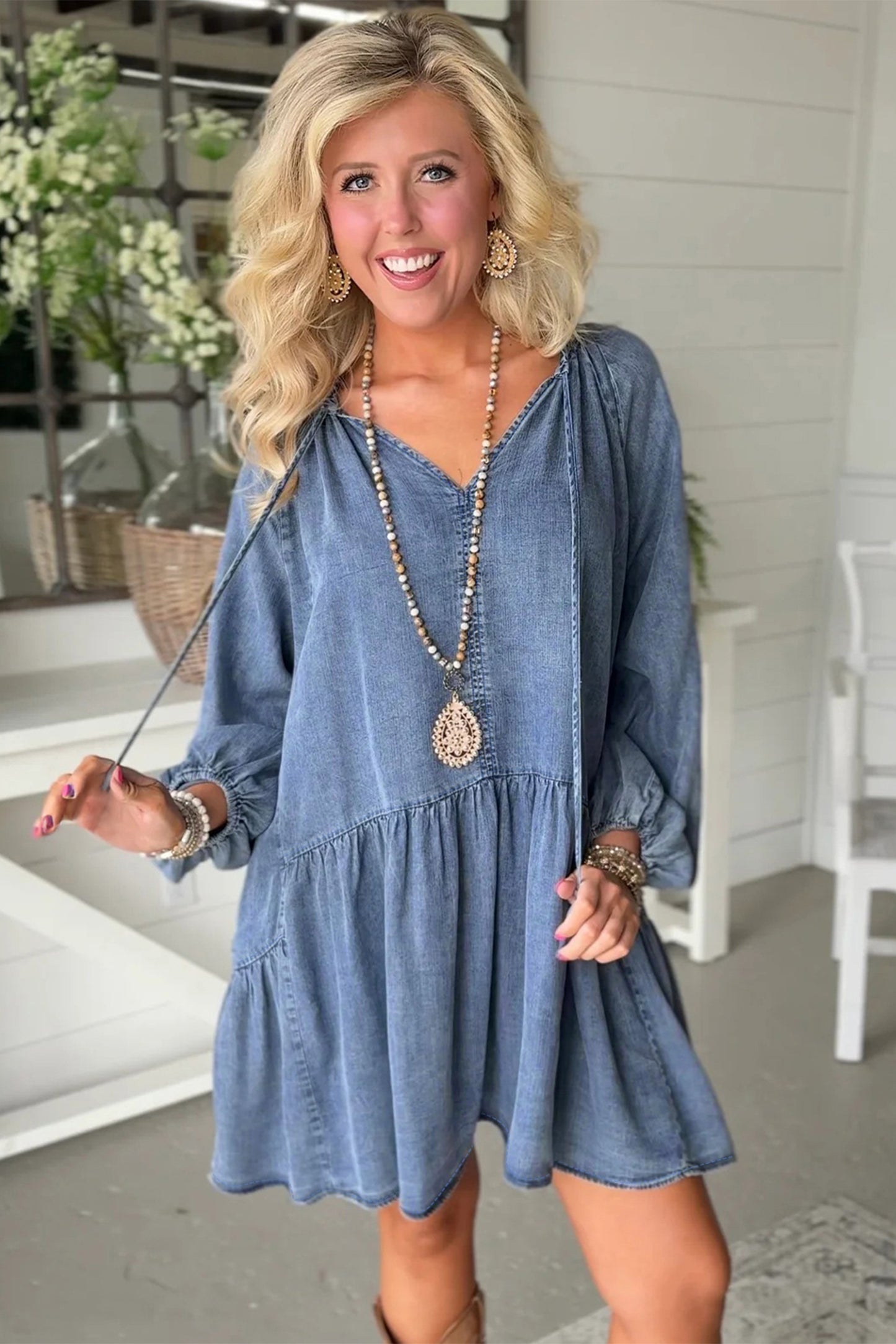 Myosotis Puff Sleeve V Neck Ruffled Loose Denim Mini Dress-TOPS / DRESSES-[Adult]-[Female]-2022 Online Blue Zone Planet