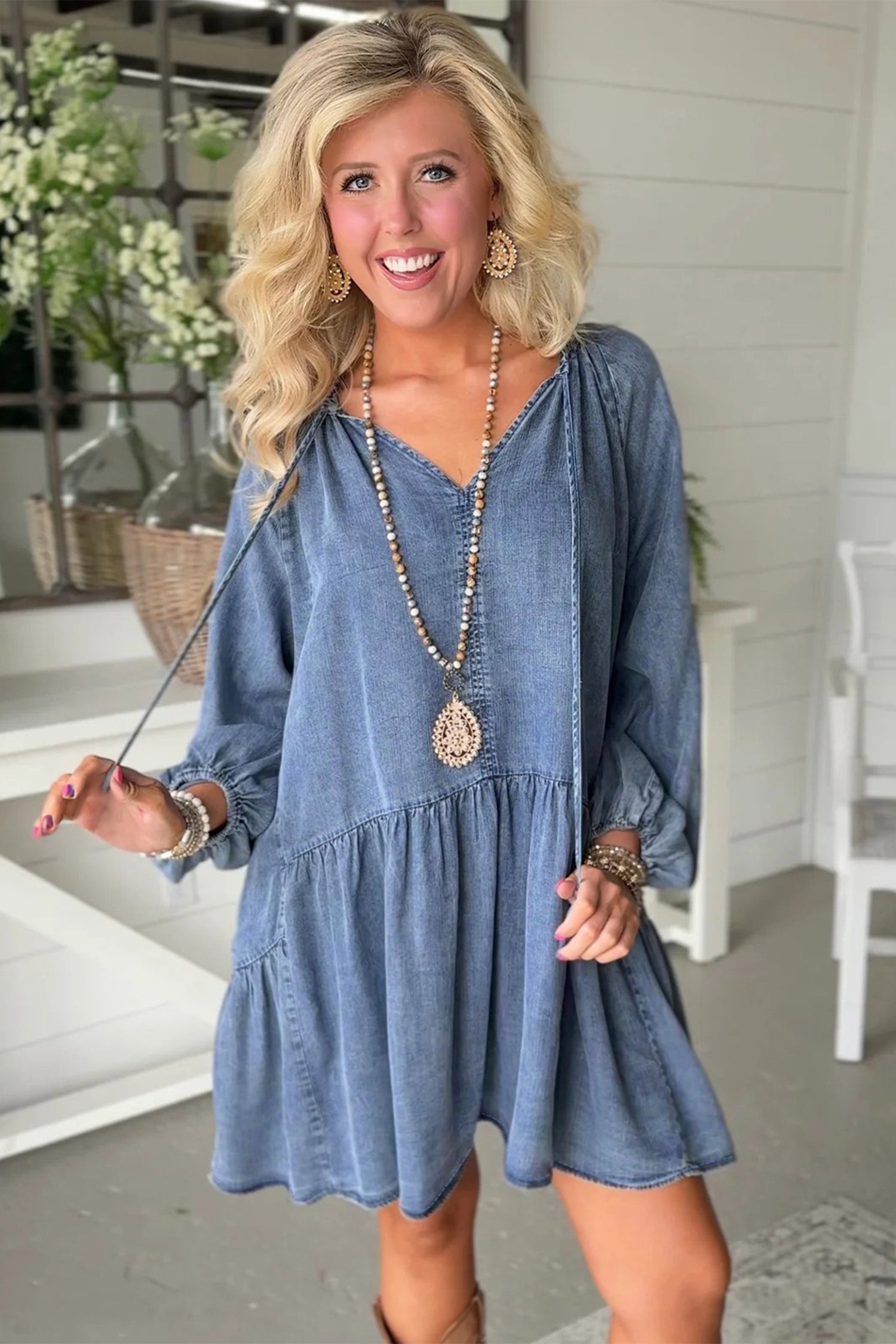 Myosotis Puff Sleeve V Neck Ruffled Loose Denim Mini Dress-TOPS / DRESSES-[Adult]-[Female]-2022 Online Blue Zone Planet