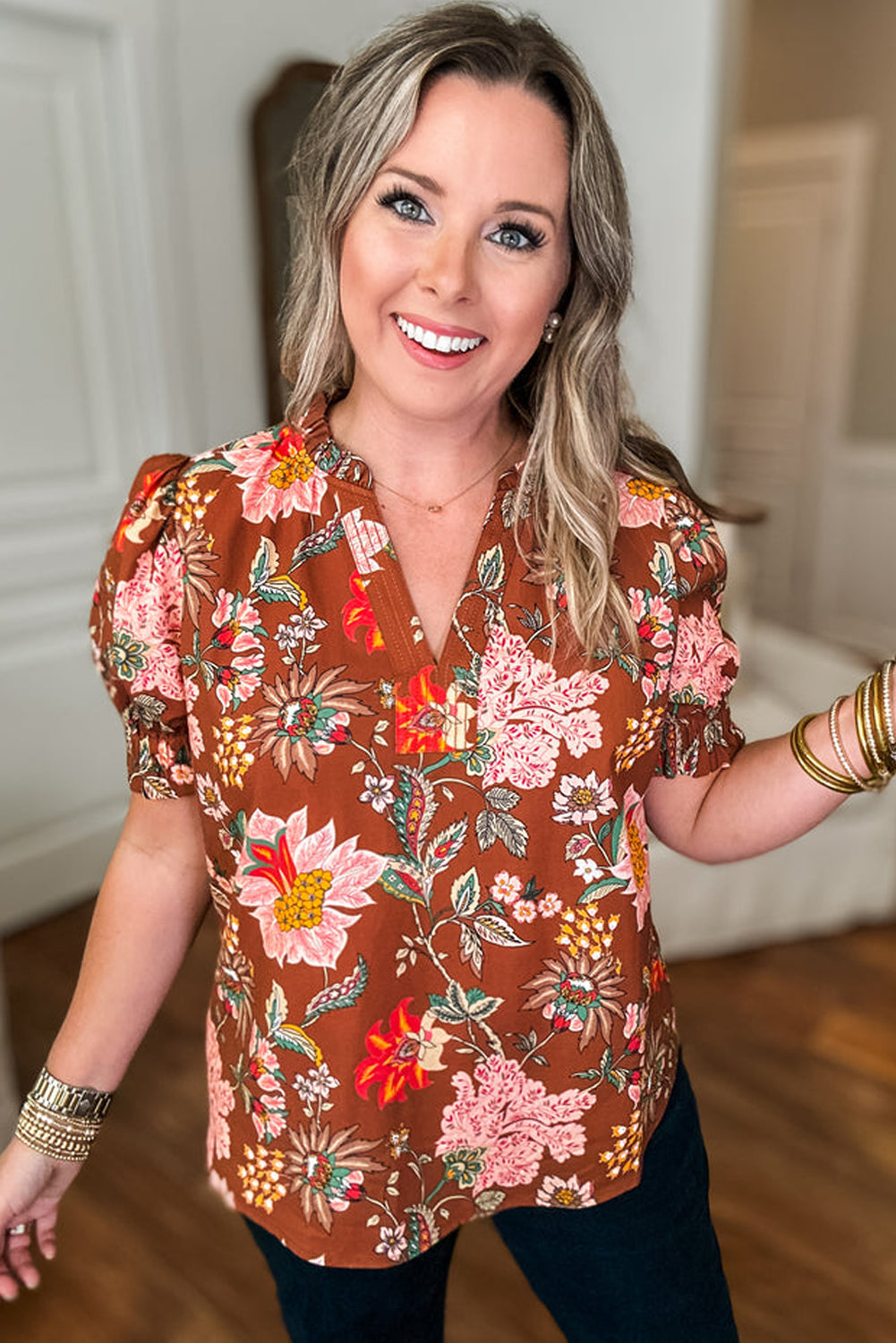 Brown Floral Stitched V Neck Frilled Trim Puff Short Sleeve Blouse-Plus Size/Plus Size Tops/Plus Size Blouses & Shirts-[Adult]-[Female]-2022 Online Blue Zone Planet