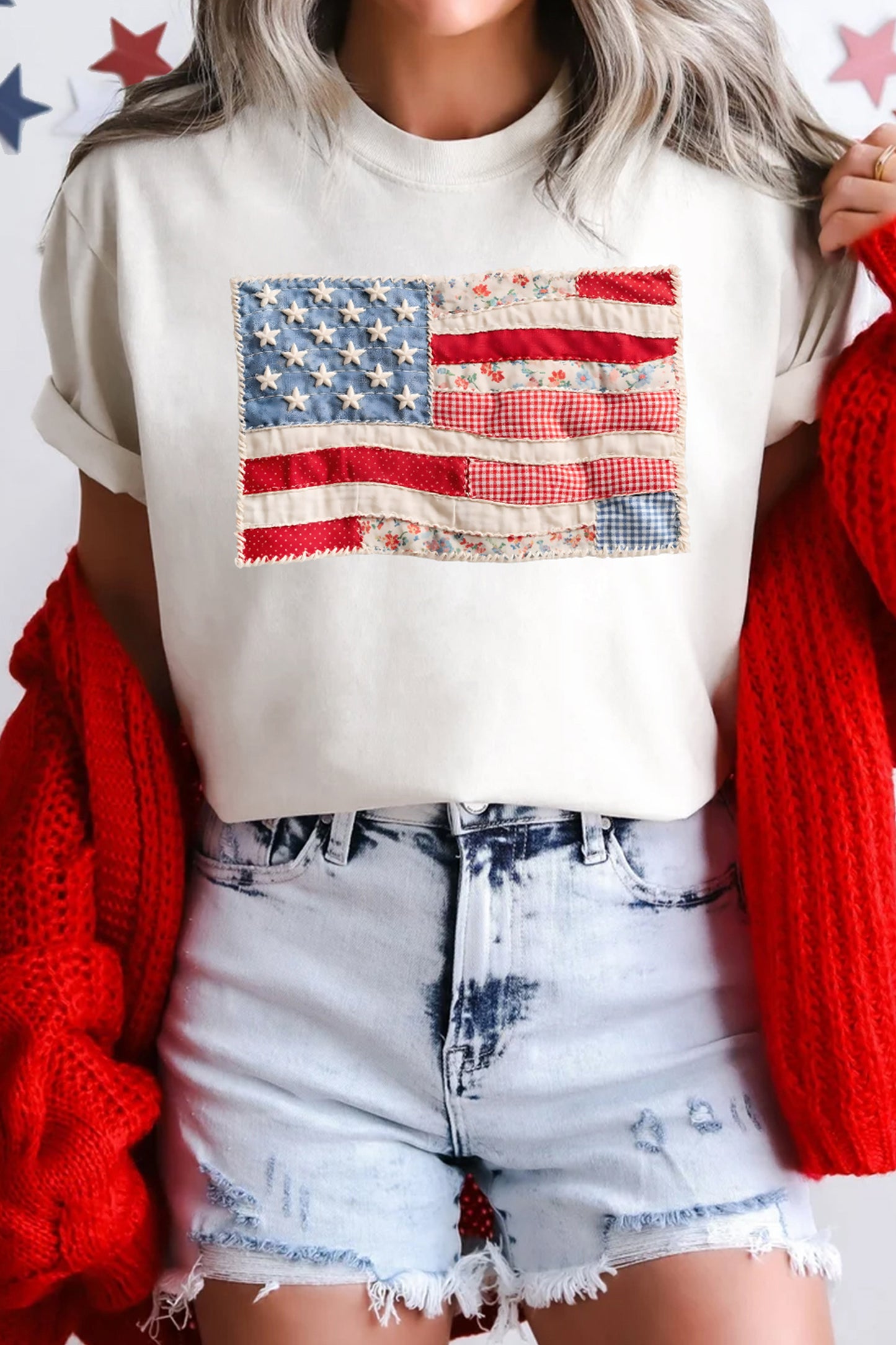 White Faux Patchwork Printed Us Flag Casual Tee-Graphic/Graphic Tees-[Adult]-[Female]-2022 Online Blue Zone Planet