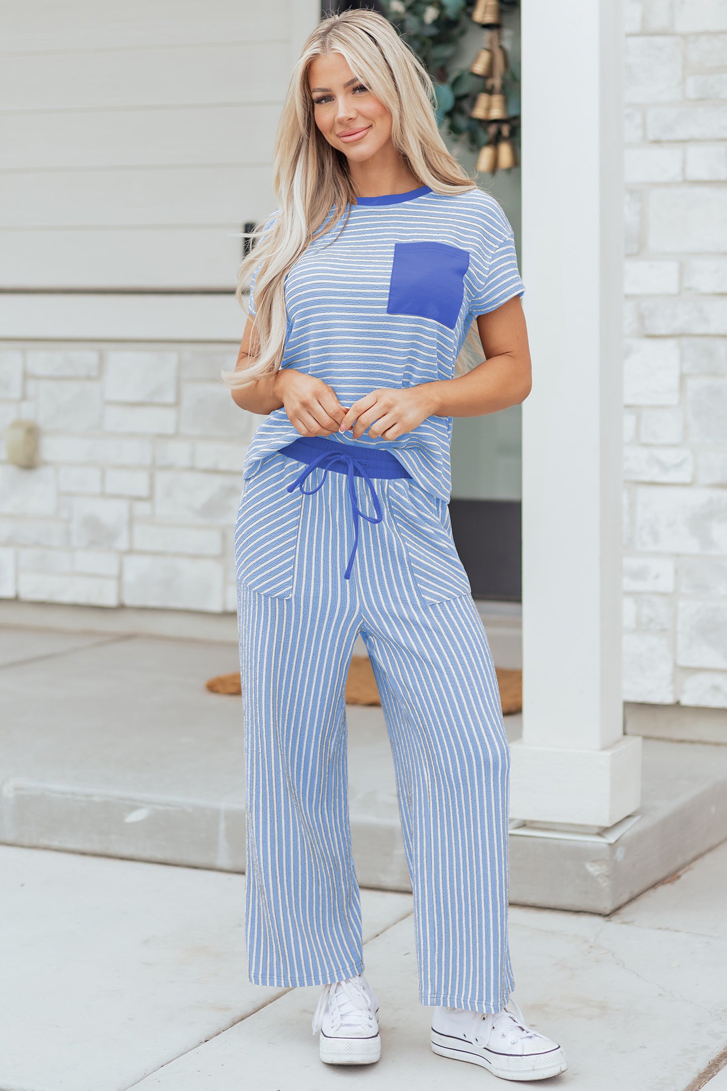 Sky Blue Stripe Crew Neck Tee Drawstring Waist Cropped Pants Set-Two Piece Sets/Pant Sets-[Adult]-[Female]-Sky Blue Stripe-S-2022 Online Blue Zone Planet