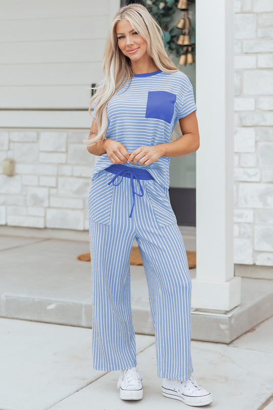 Sky Blue Stripe Crew Neck Tee Drawstring Waist Cropped Pants Set-Two Piece Sets/Pant Sets-[Adult]-[Female]-Sky Blue Stripe-S-2022 Online Blue Zone Planet