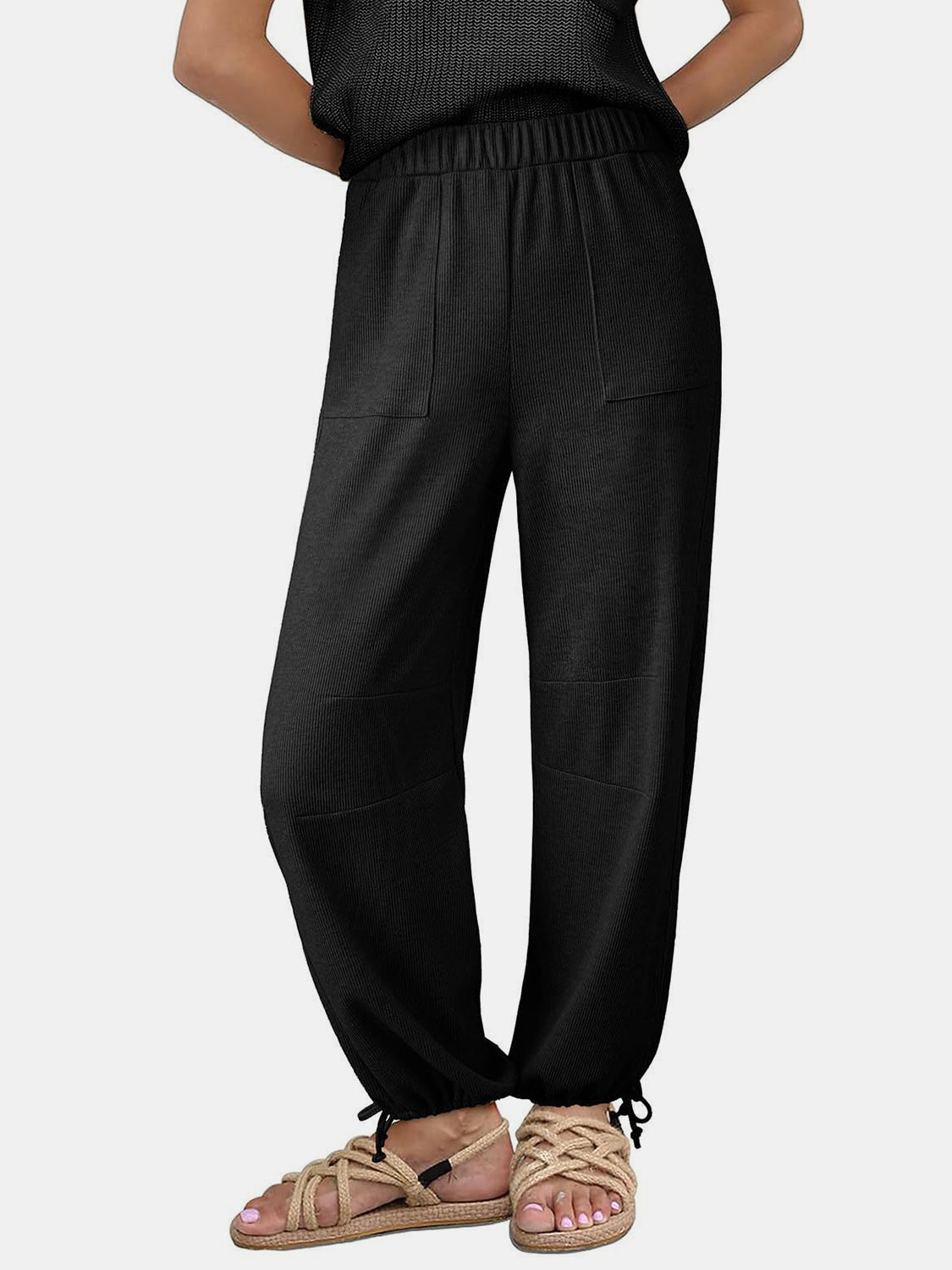 Blue Zone Planet | Drawstring Elastic Waist Joggers-BOTTOM SIZES SMALL MEDIUM LARGE-[Adult]-[Female]-Black-S-2022 Online Blue Zone Planet