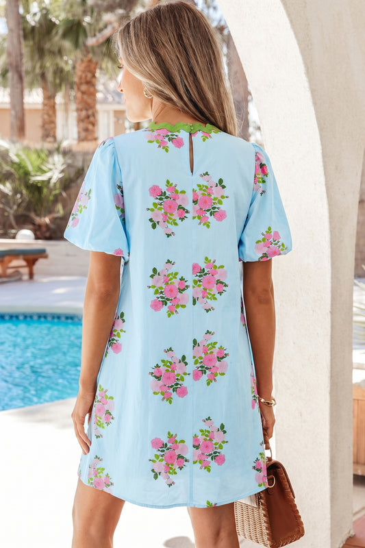 Sky Blue Floral Printed Contrast Ricrac Detail Bubble Sleeve Dress-TOPS / DRESSES-[Adult]-[Female]-2022 Online Blue Zone Planet