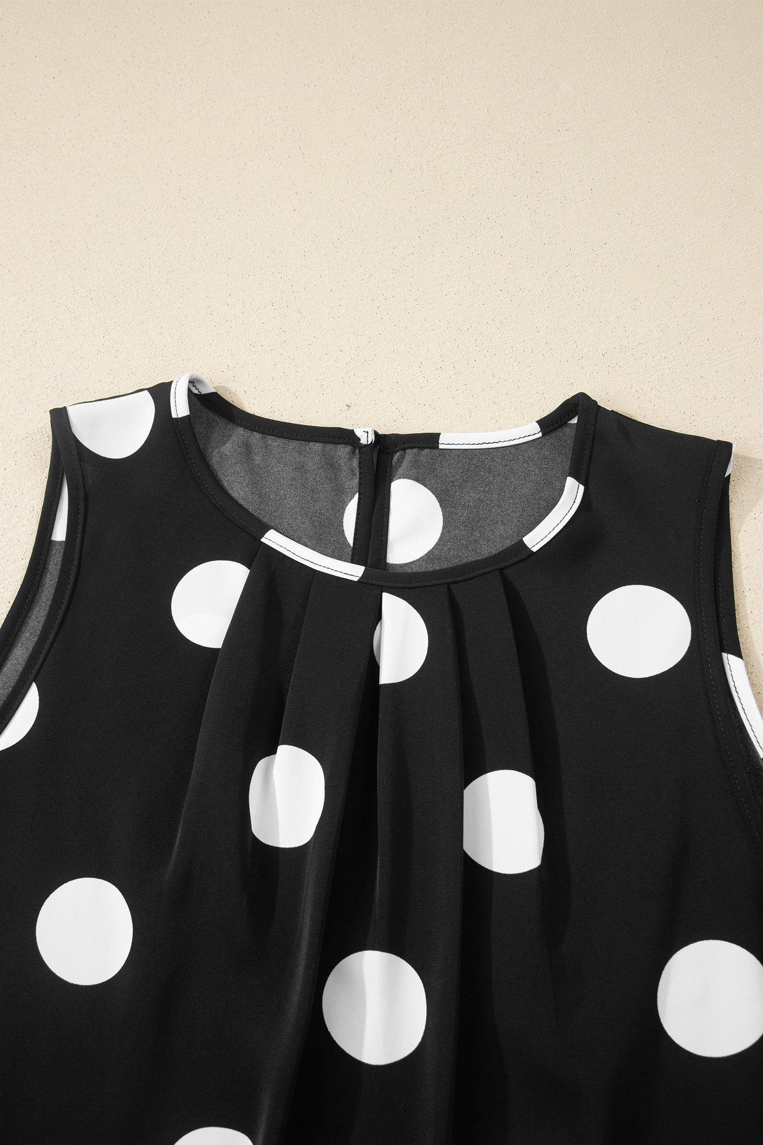 Black Polka Dot Print Pleated Round Neck Tank Casual Wide Leg Two-Piece Outfit-Two Piece Sets/Pant Sets-[Adult]-[Female]-2022 Online Blue Zone Planet