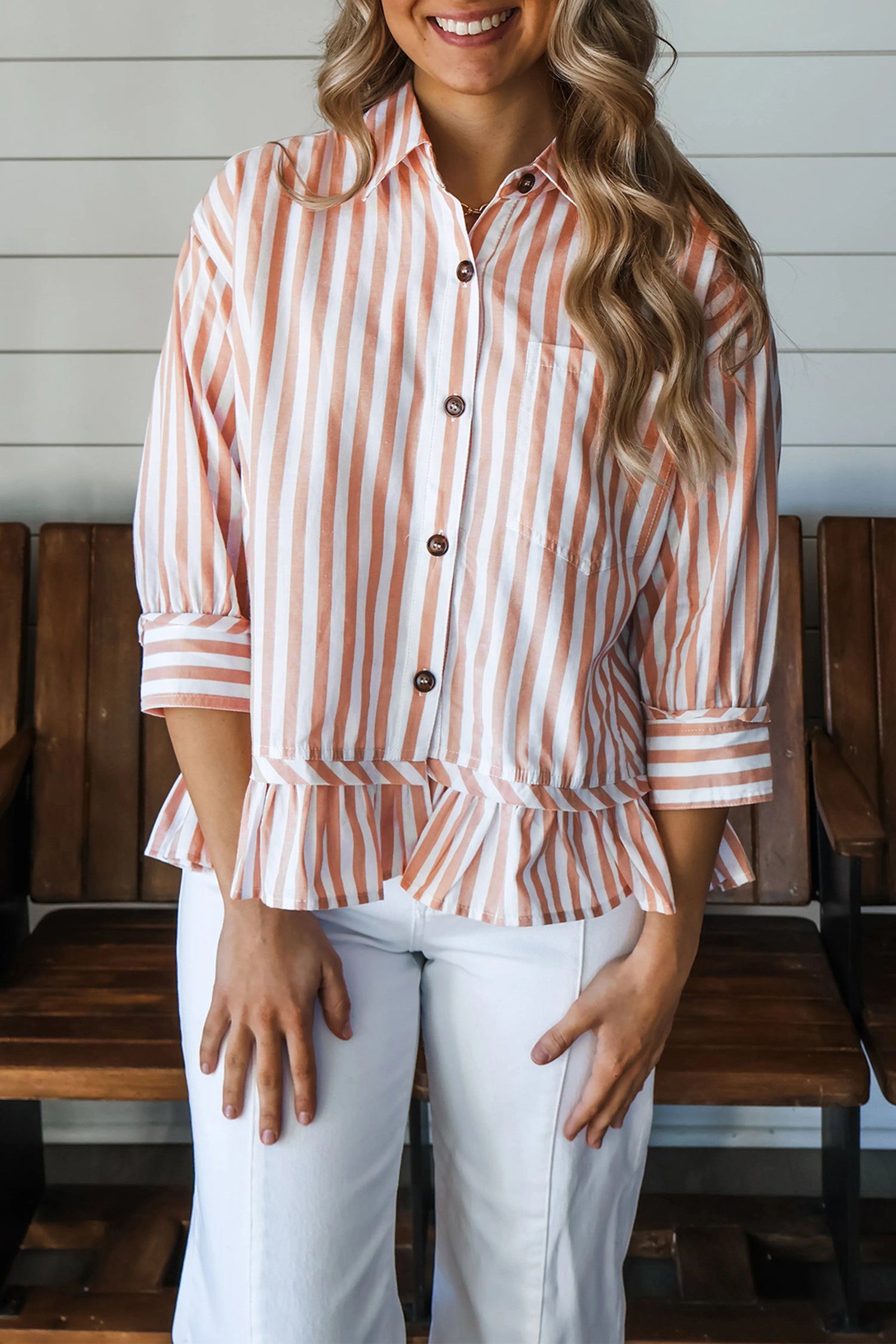 Khaki Stripe Button Front Ruffle Hem Bracelet Sleeve Shirt-Tops/Blouses & Shirts-[Adult]-[Female]-2022 Online Blue Zone Planet