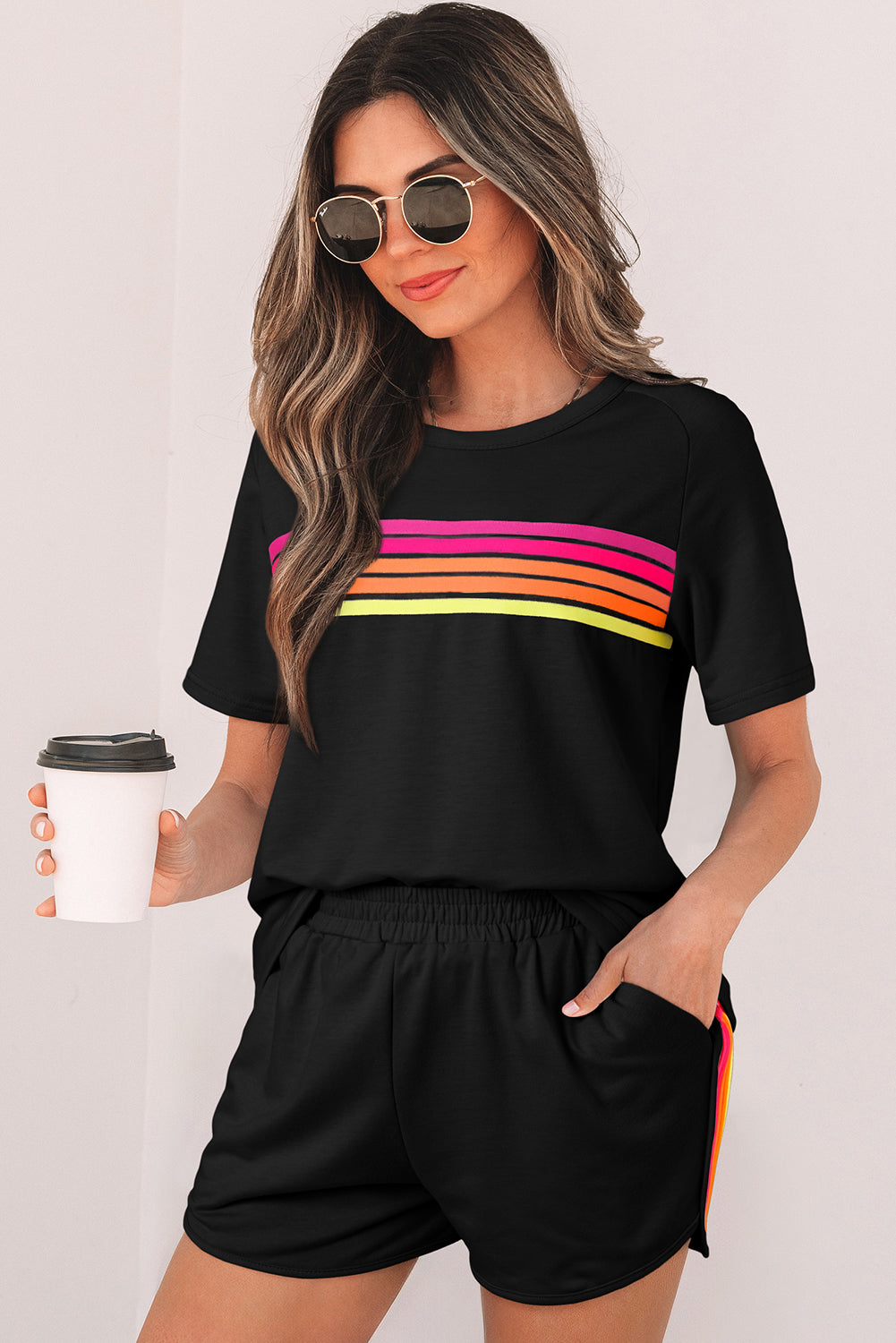 Black Striped Patch Front Casual Tee-Tops/Tops & Tees-[Adult]-[Female]-2022 Online Blue Zone Planet