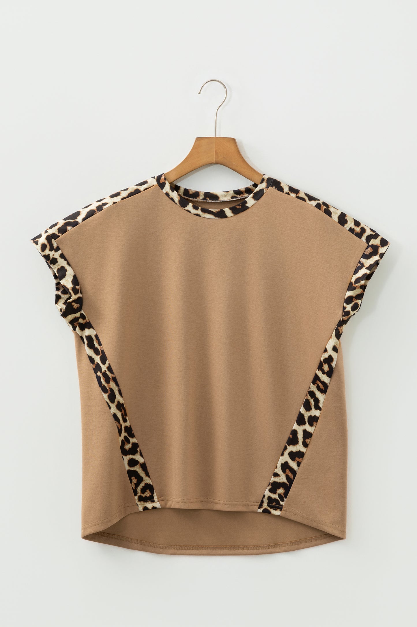 Light French Beige Leopard Trim Round Neck Loose T Shirt-Tops/Tops & Tees-[Adult]-[Female]-2022 Online Blue Zone Planet