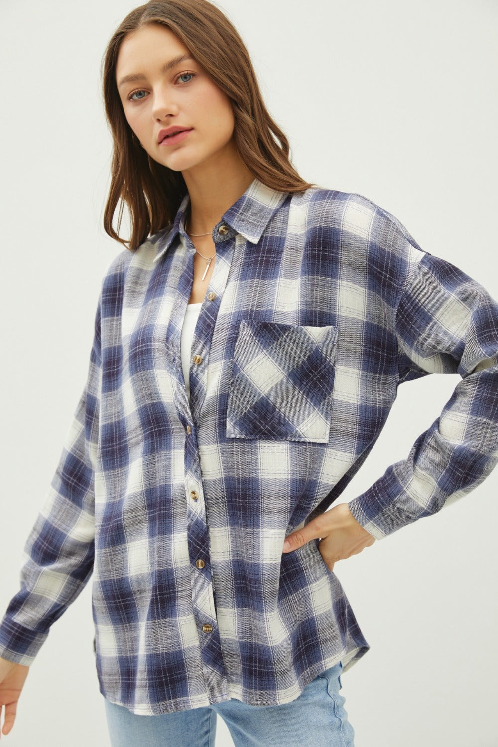 Blue Zone Planet | Be Cool Plaid Flannel Button Down Shirt with Chest Pocket-TOPS / DRESSES-[Adult]-[Female]-Blue-S/M-2022 Online Blue Zone Planet