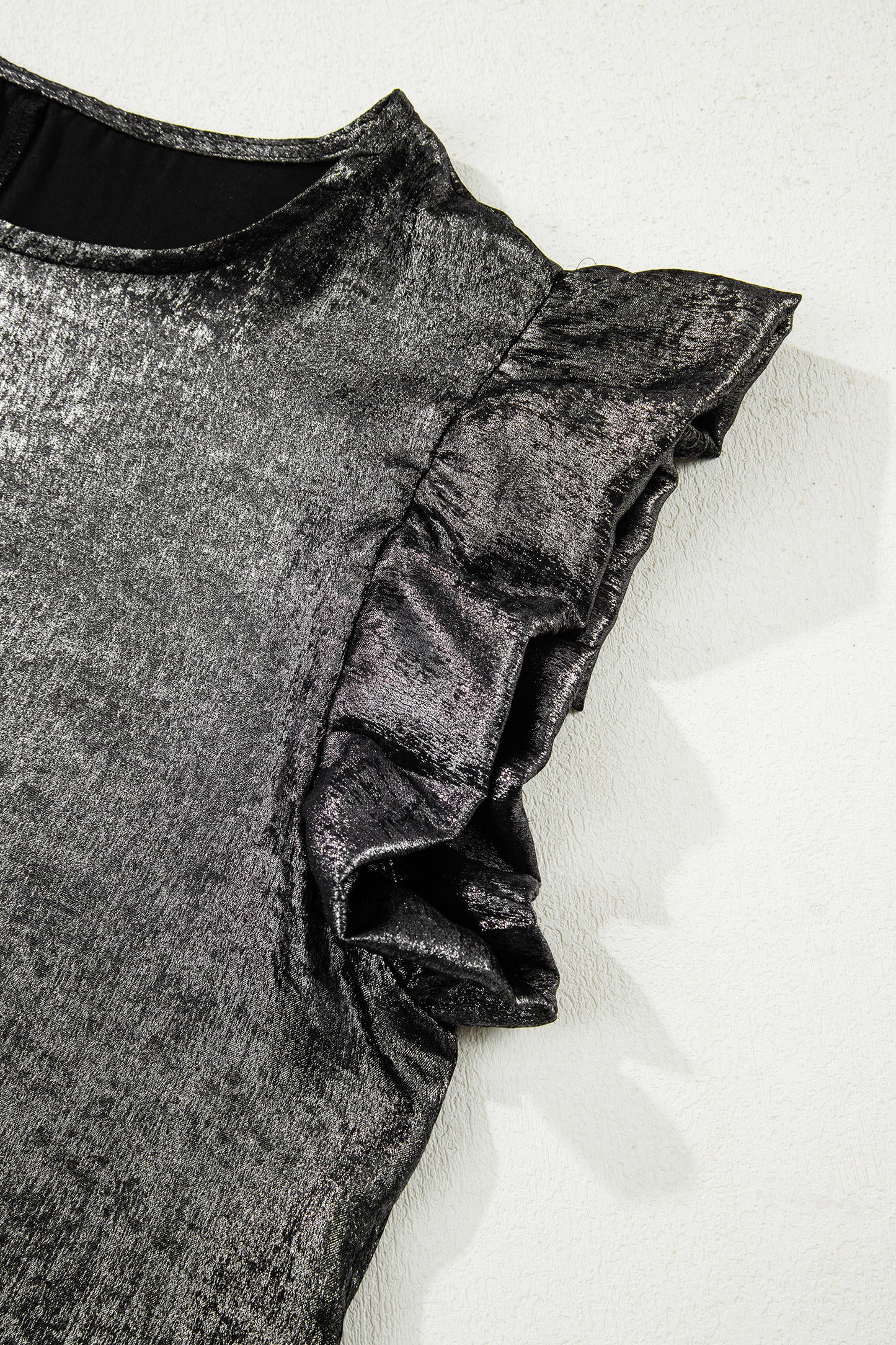 Silvery Metallic Round Neck Ruffle Trim Sleeveless Top-Tops/Tank Tops-[Adult]-[Female]-2022 Online Blue Zone Planet