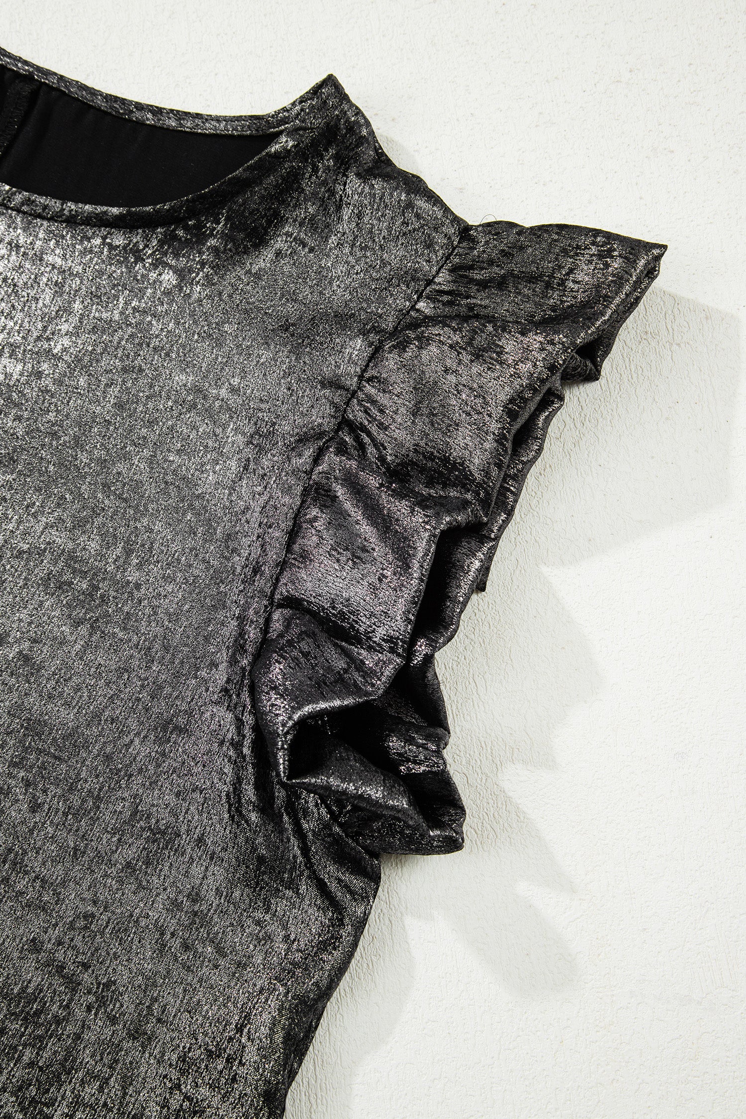 Silvery Metallic Round Neck Ruffle Trim Sleeveless Top-Tops/Tank Tops-[Adult]-[Female]-2022 Online Blue Zone Planet