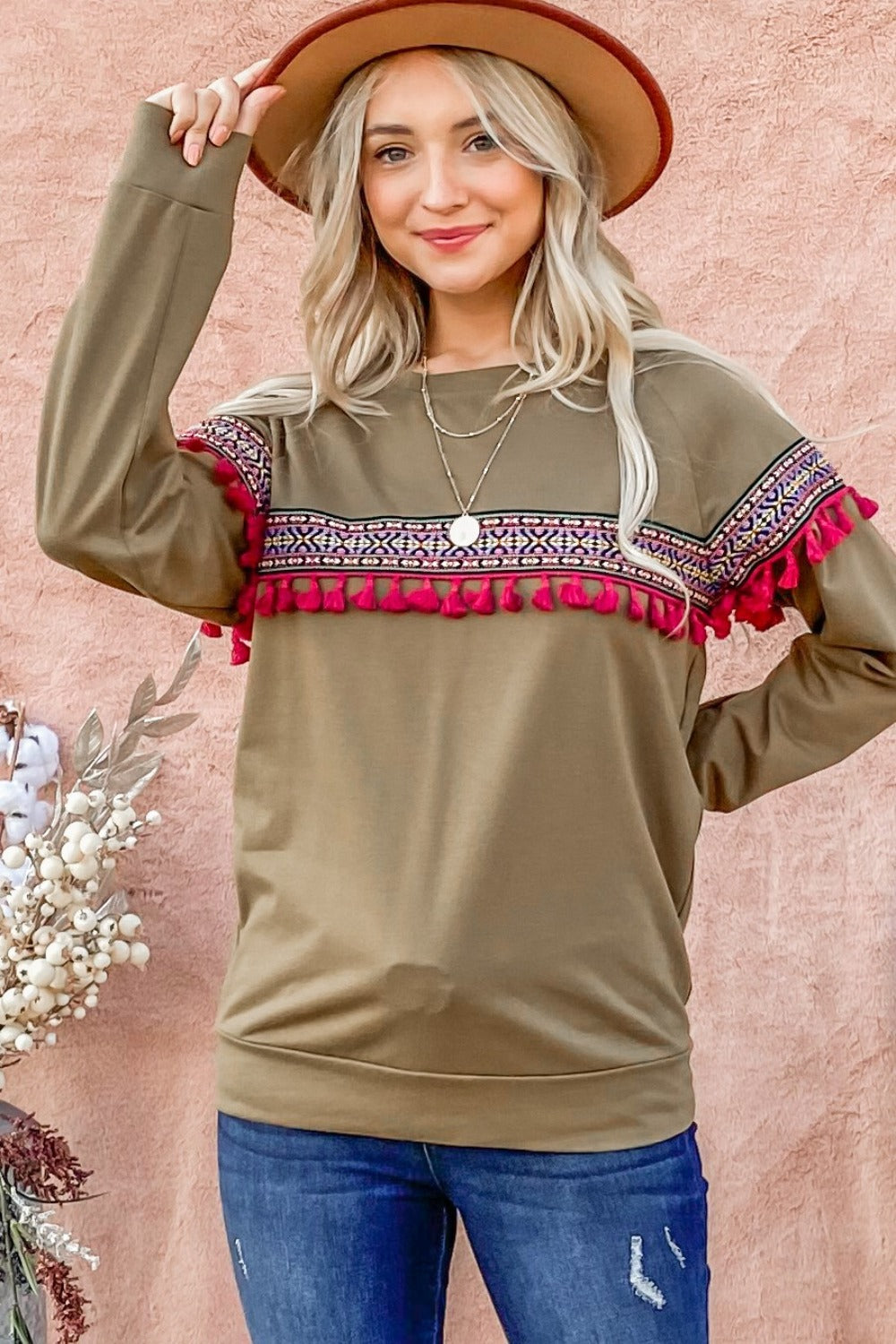 And The Why Ethnic Ribbon Tassel Trim Top-TOPS / DRESSES-[Adult]-[Female]-Olive-S-2022 Online Blue Zone Planet