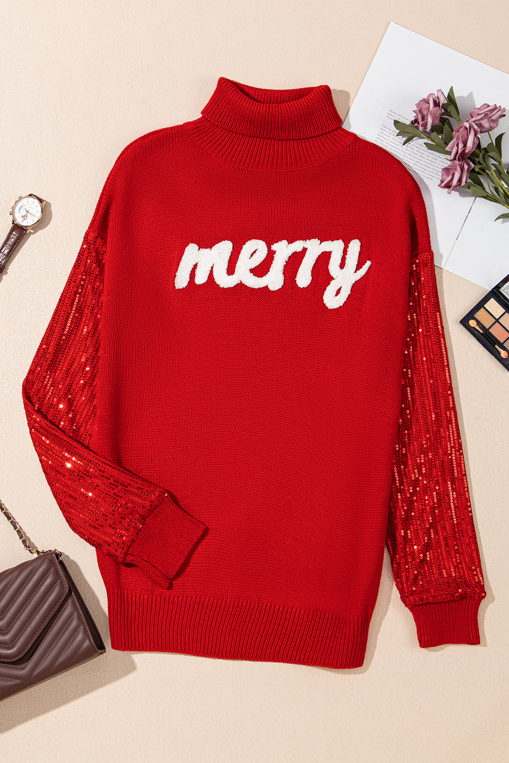 Blue Zone Planet | Racing Red Merry Graphic Sequin Sleeves Christmas Turtleneck Sweater-Sweaters & Cardigans/Sweaters-[Adult]-[Female]-2022 Online Blue Zone Planet