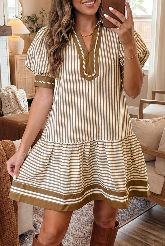 Brown Stripe Shirt Collar Color Block Patchwork Trim Ruffle Hem Short Dress-TOPS / DRESSES-[Adult]-[Female]-Brown Stripe-S-2022 Online Blue Zone Planet