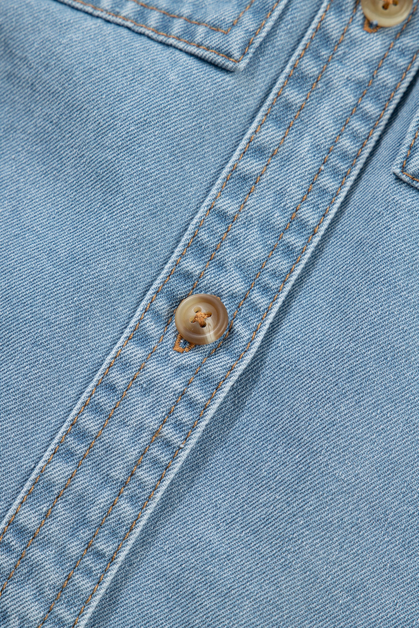 Myosotis Ruffle Detail Short Puff Sleeve Button Down Flap Pocket Denim Shirt-Tops/Blouses & Shirts-[Adult]-[Female]-2022 Online Blue Zone Planet