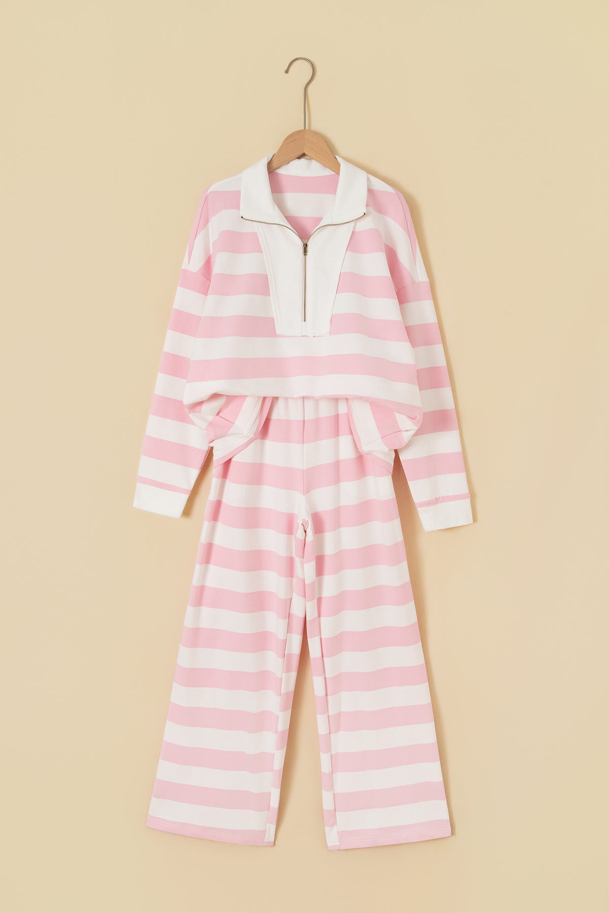 Pink Stripe Color Block Patchwork Zip Long Sleeve Top Elastic Waist Pants Set-Two Piece Sets/Pant Sets-[Adult]-[Female]-2022 Online Blue Zone Planet