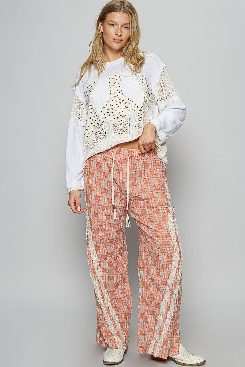 POL Lace Trim Drawstring Checkered Wide Leg Pants-BOTTOMS-[Adult]-[Female]-2022 Online Blue Zone Planet