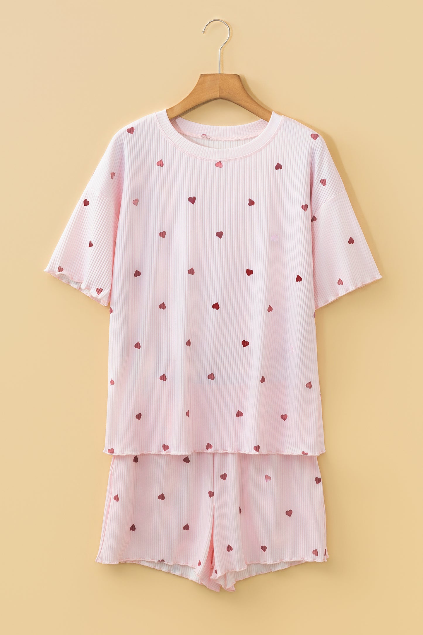 Light Pink Valentine Heart Shape Print Ribbed Knit Short Lounge Set-Loungewear & Sleepwear/Loungewear-[Adult]-[Female]-2022 Online Blue Zone Planet
