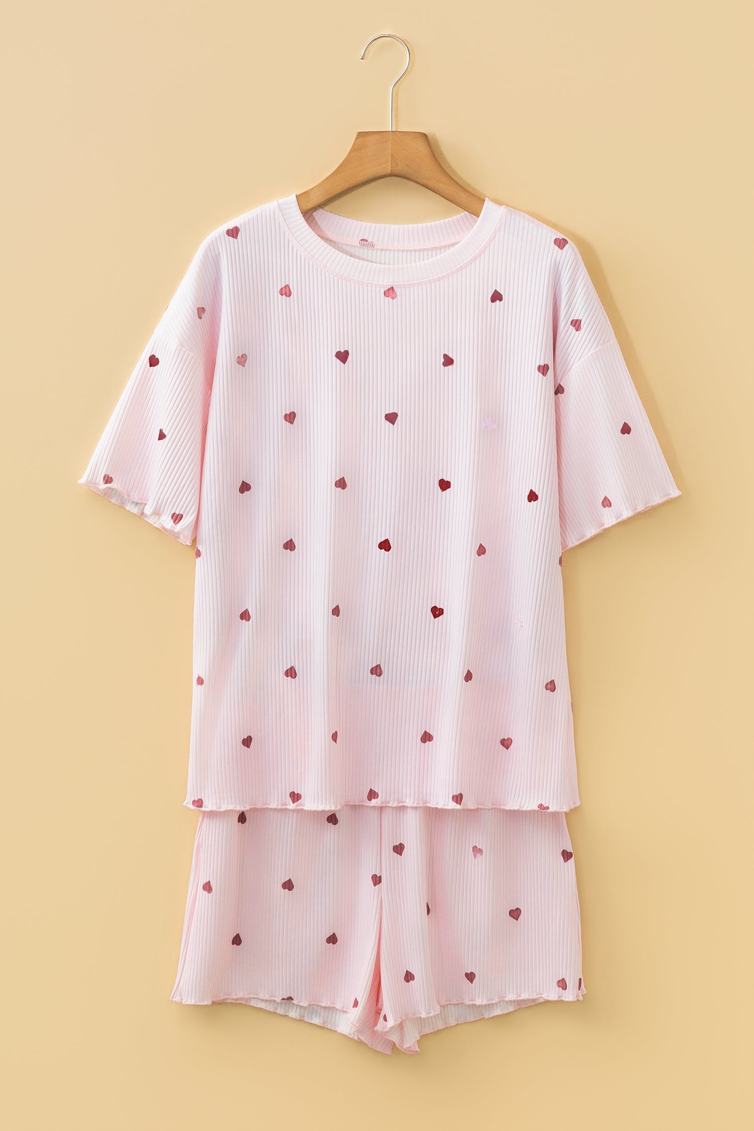 Light Pink Valentine Heart Shape Print Ribbed Knit Short Lounge Set-Loungewear & Sleepwear/Loungewear-[Adult]-[Female]-2022 Online Blue Zone Planet