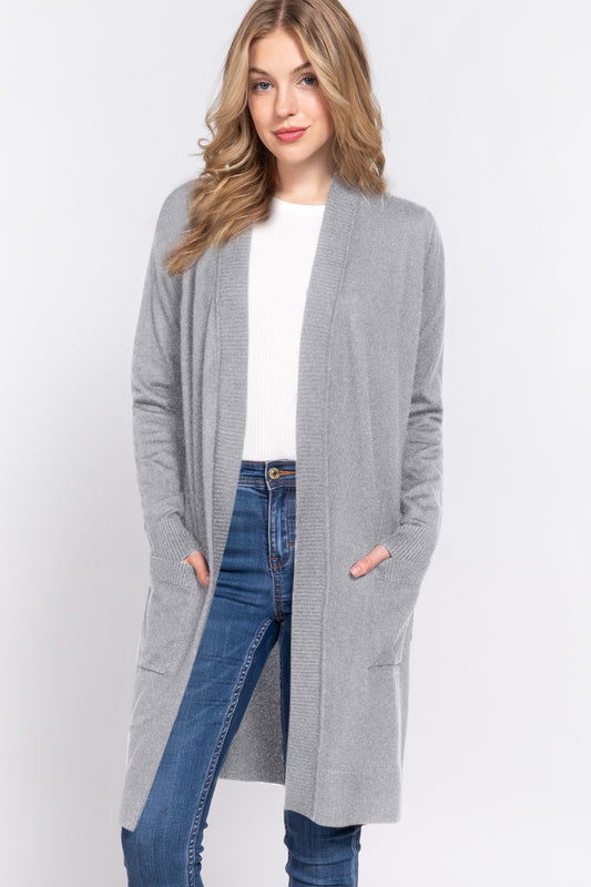 ACTIVE BASIC Open Front Rib Trim Long Sleeve Knit Cardigan-TOPS / DRESSES-[Adult]-[Female]-HGREY-S-2022 Online Blue Zone Planet