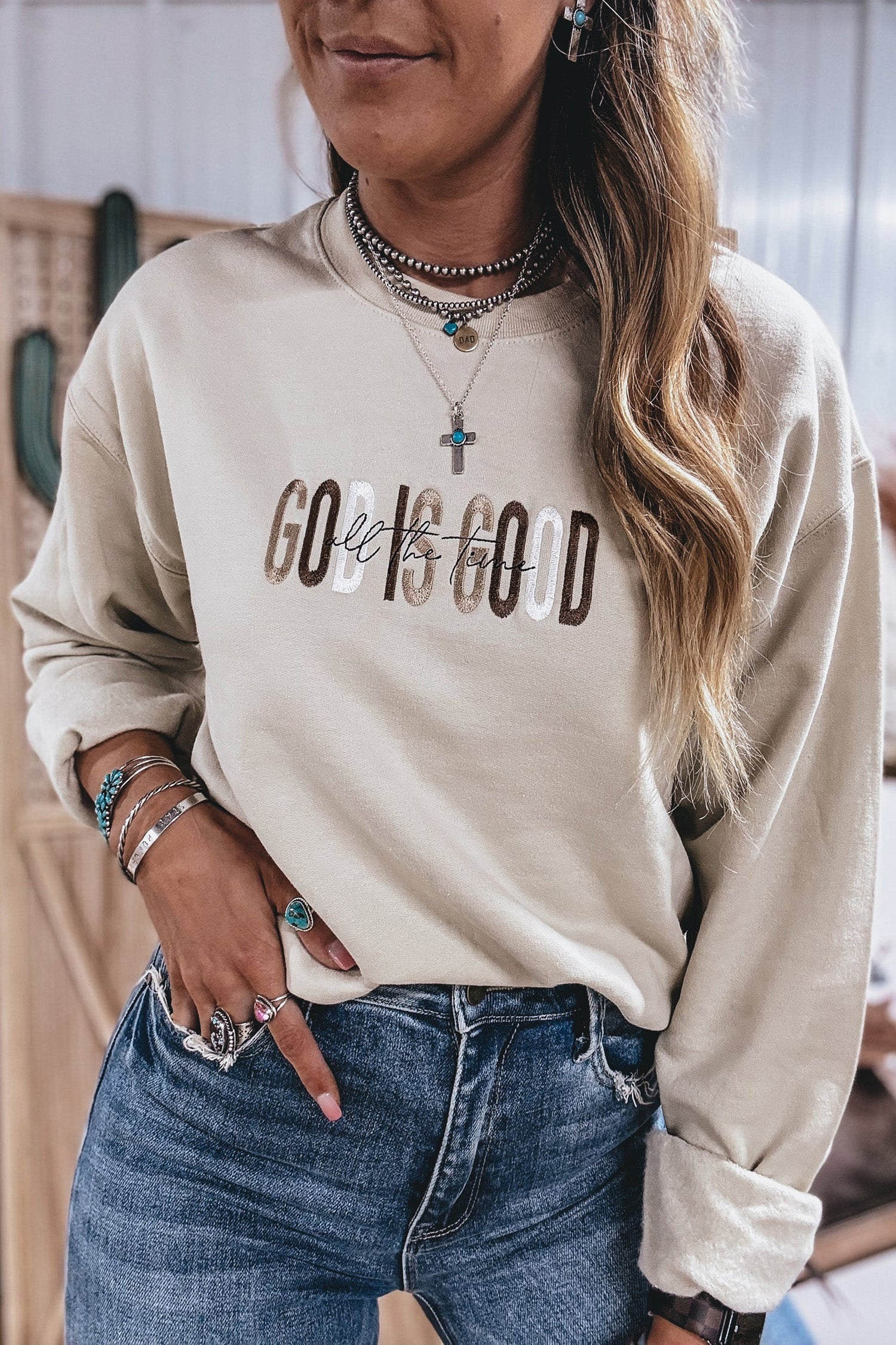 Jet Stream GOD IS GOOD Western Embroidered Letter Crewneck Pullover Sweatshirt-Tops/Sweatshirts & Hoodies-[Adult]-[Female]-Jet Stream-S-2022 Online Blue Zone Planet