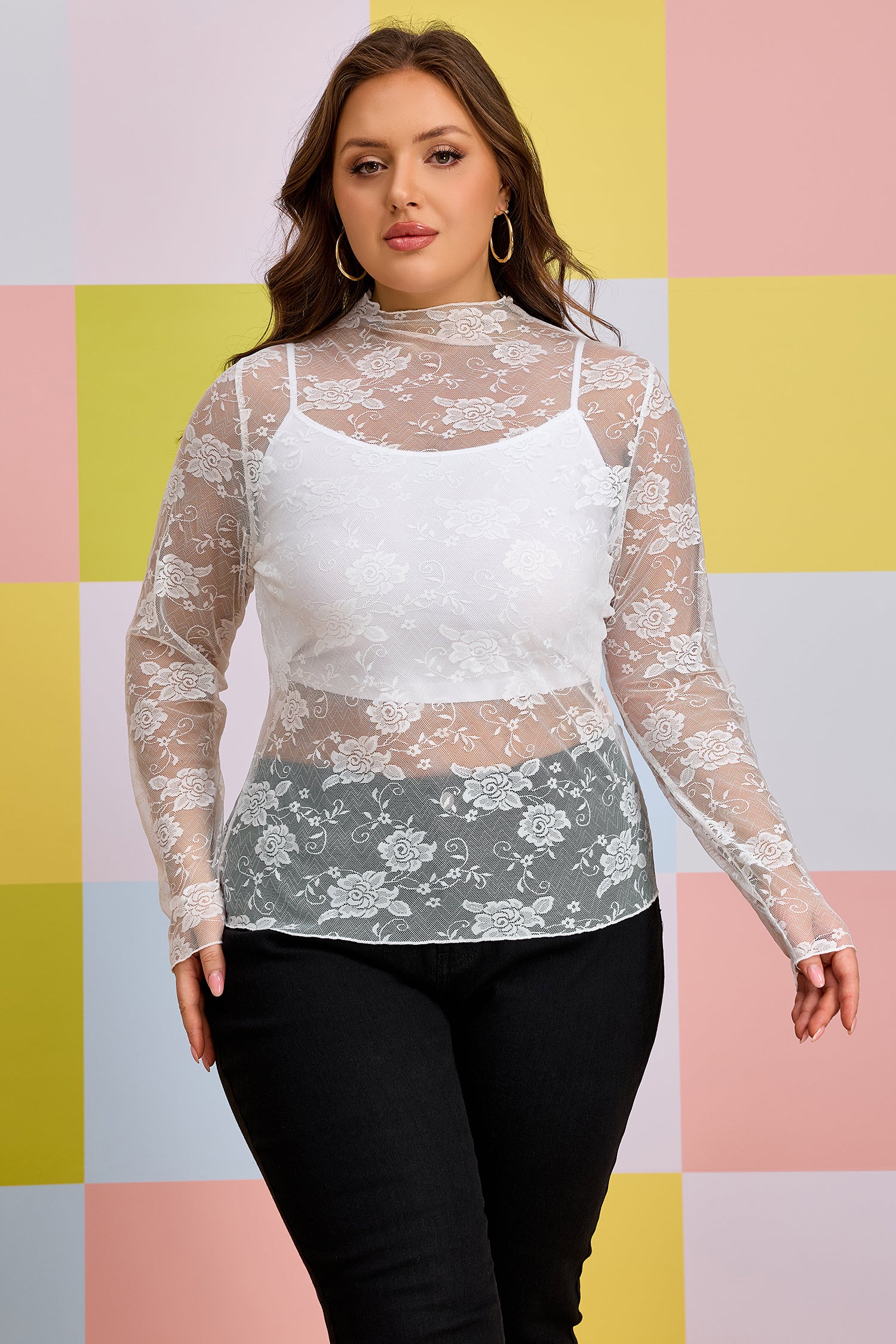 Black Plus Size Floral Mesh Long Sleeve Top-Plus Size/Plus Size Tops/Plus Size Long Sleeve Tops-[Adult]-[Female]-2022 Online Blue Zone Planet