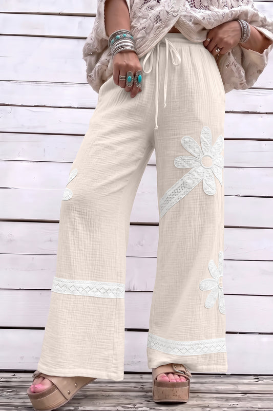 White Floral Lace Patchwork Boho Wide Leg Casual Pants-Bottoms/Pants & Culotte-[Adult]-[Female]-2022 Online Blue Zone Planet