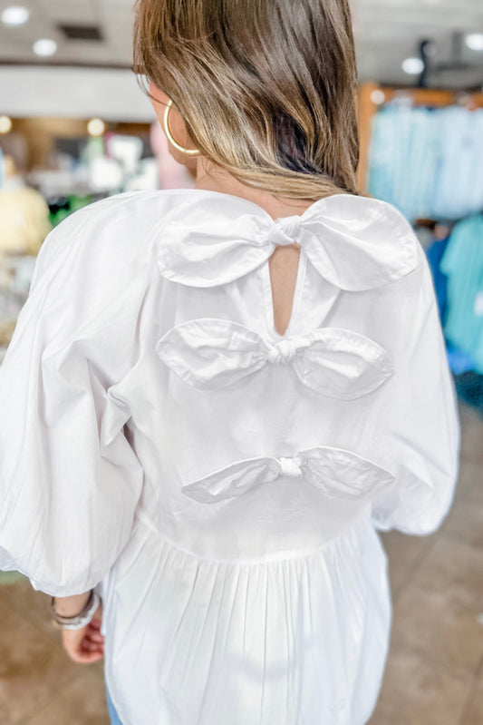 White Bow Knot Cutout Back Loose Fit 3/4 Sleeve Blouse-Tops/Blouses & Shirts-[Adult]-[Female]-White-S-2022 Online Blue Zone Planet