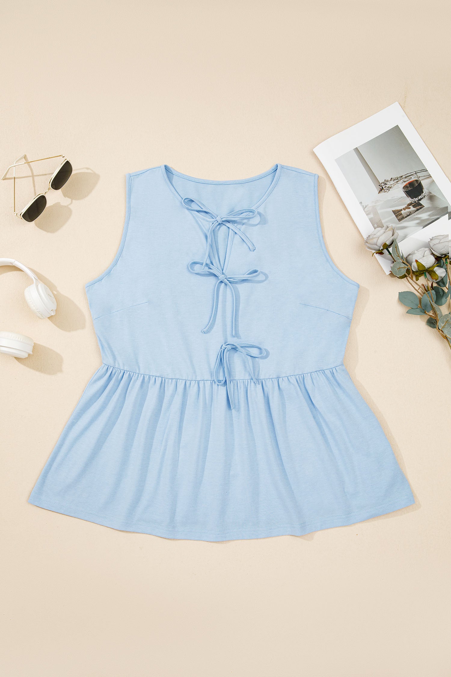 Beau Blue Plus Size Solid Color Bow Tie Peplum Tank Top-Plus Size/Plus Size Tops/Plus Size Tank Tops-[Adult]-[Female]-2022 Online Blue Zone Planet