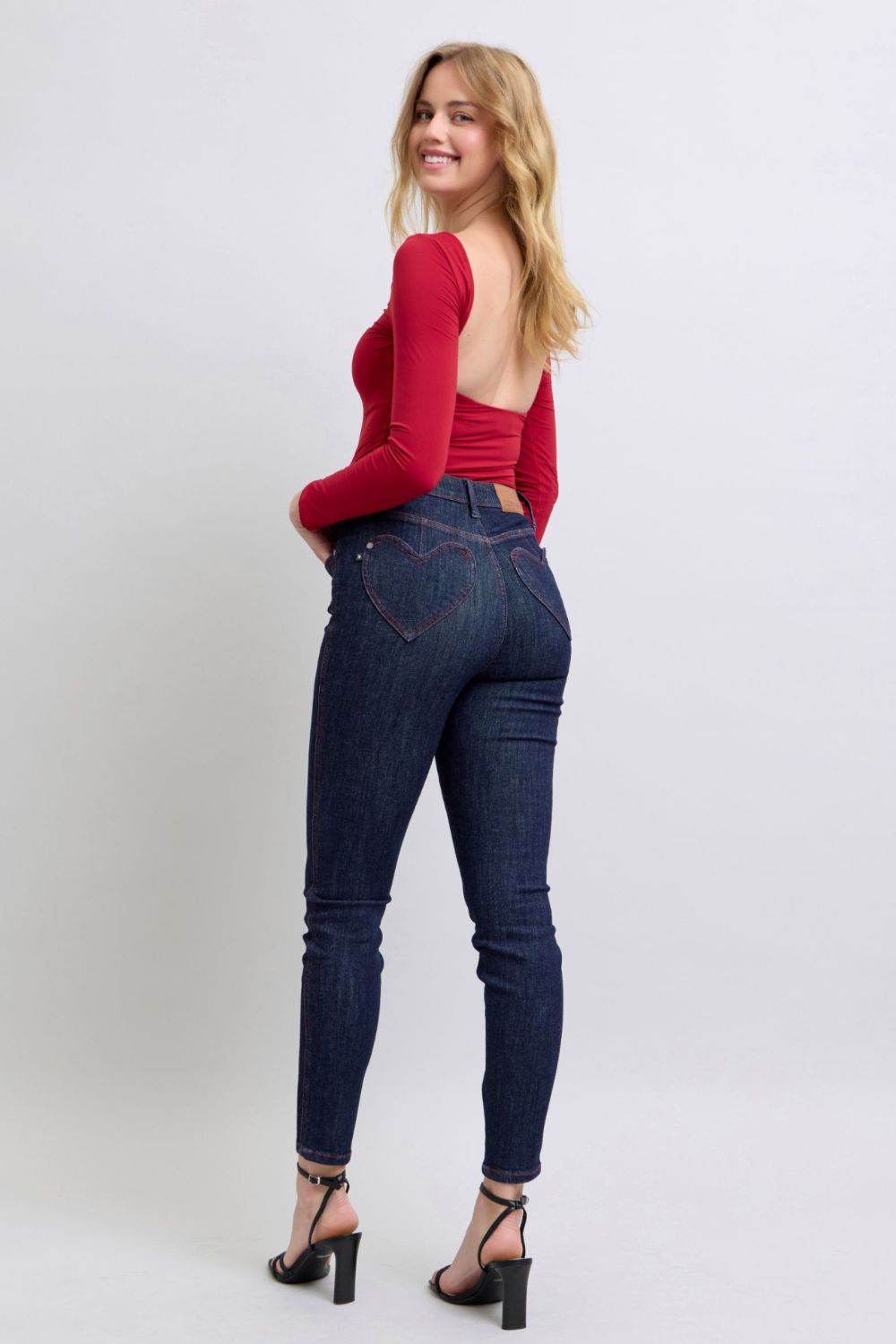 Blue Zone Planet | Judy Blue Full Size Heart Shaped Back Pockets Skinny Jeans-BOTTOMS SIZES SMALL MEDIUM LARGE-[Adult]-[Female]-2022 Online Blue Zone Planet