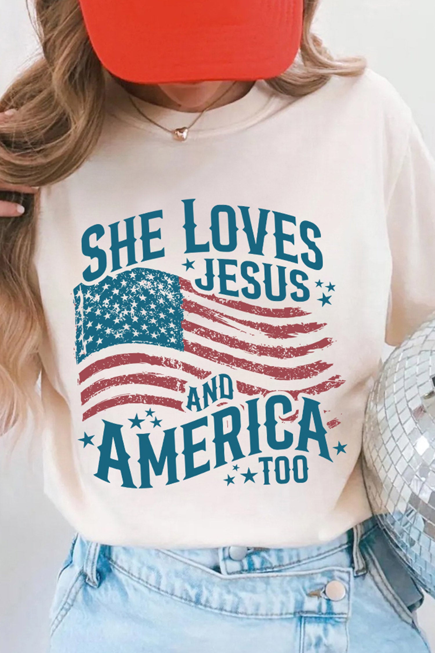 White She Loves Jesus And America Flag Graphic Tee-Graphic/Graphic Tees-[Adult]-[Female]-2022 Online Blue Zone Planet
