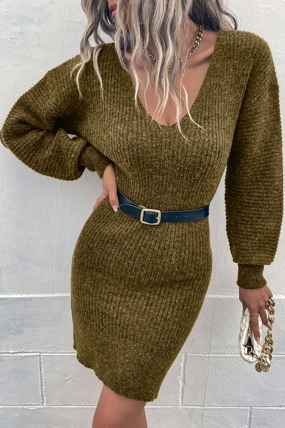 Pink V Neck Bodycon Sweater Dress-Dresses/Sweater Dresses-[Adult]-[Female]-Green-S-2022 Online Blue Zone Planet