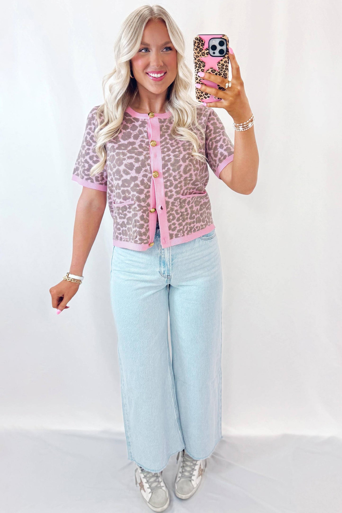 Pink Leopard Button Down Short Sleeve Sweater Cardigan-Sweaters & Cardigans/Cardigans-[Adult]-[Female]-2022 Online Blue Zone Planet