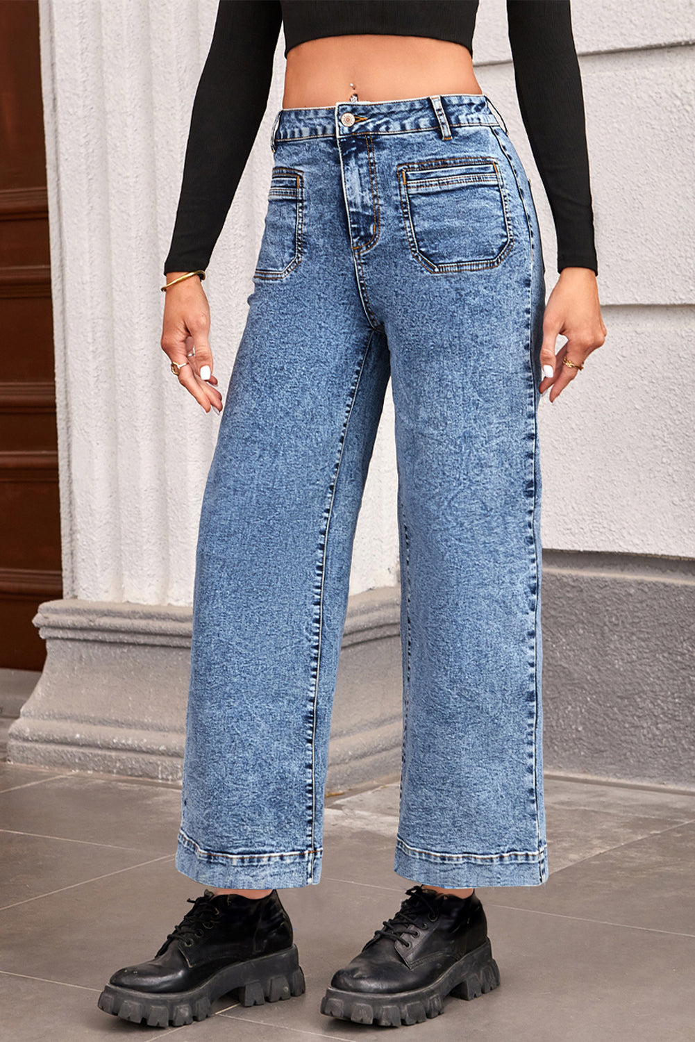 Blue Chic Patch Pocket Straight Leg Loose Jeans-Bottoms/Jeans-[Adult]-[Female]-Blue-4-2022 Online Blue Zone Planet