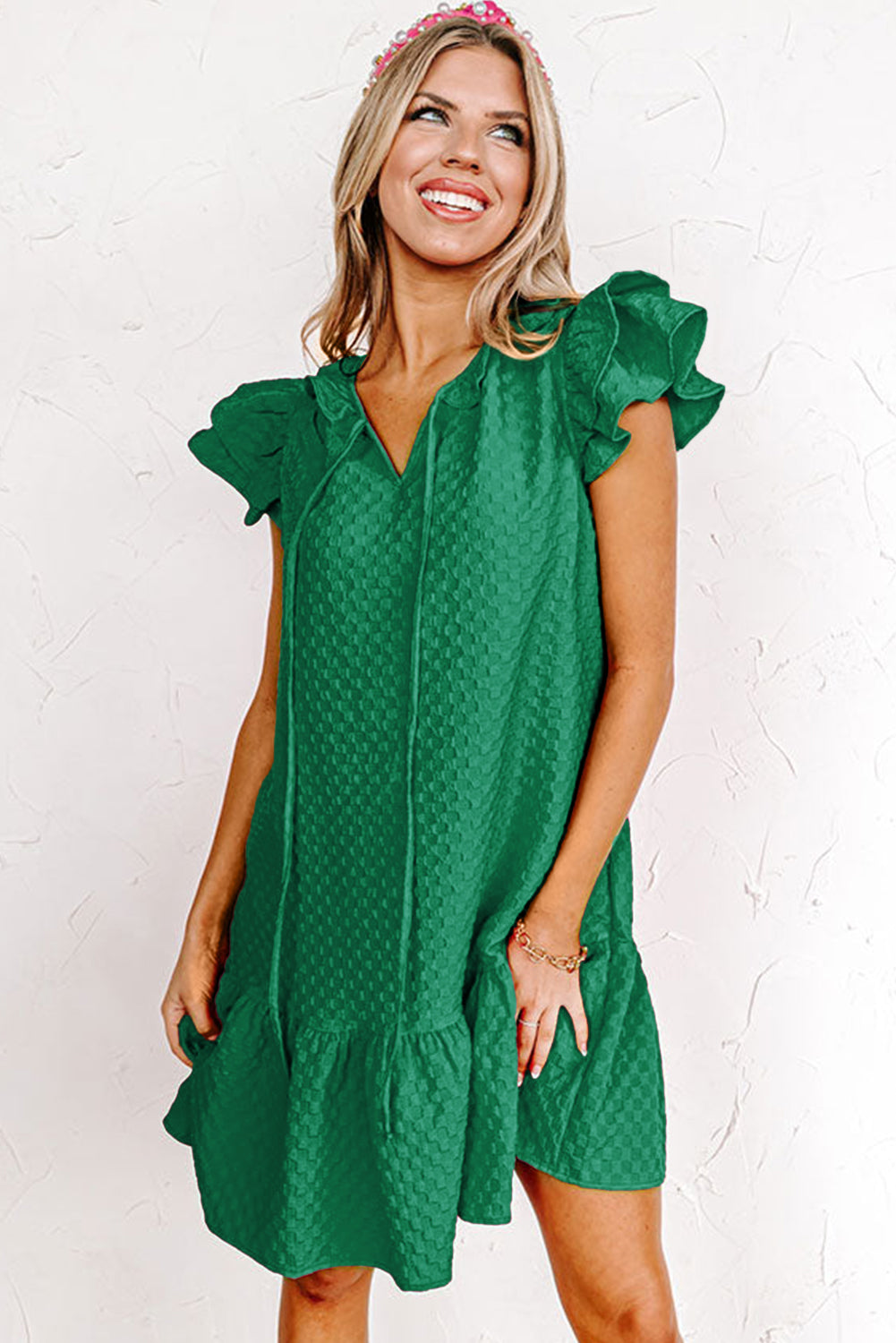 Blackish Green Flutter Sleeve Ruffled Textured Shift Dress Blue Zone Planet