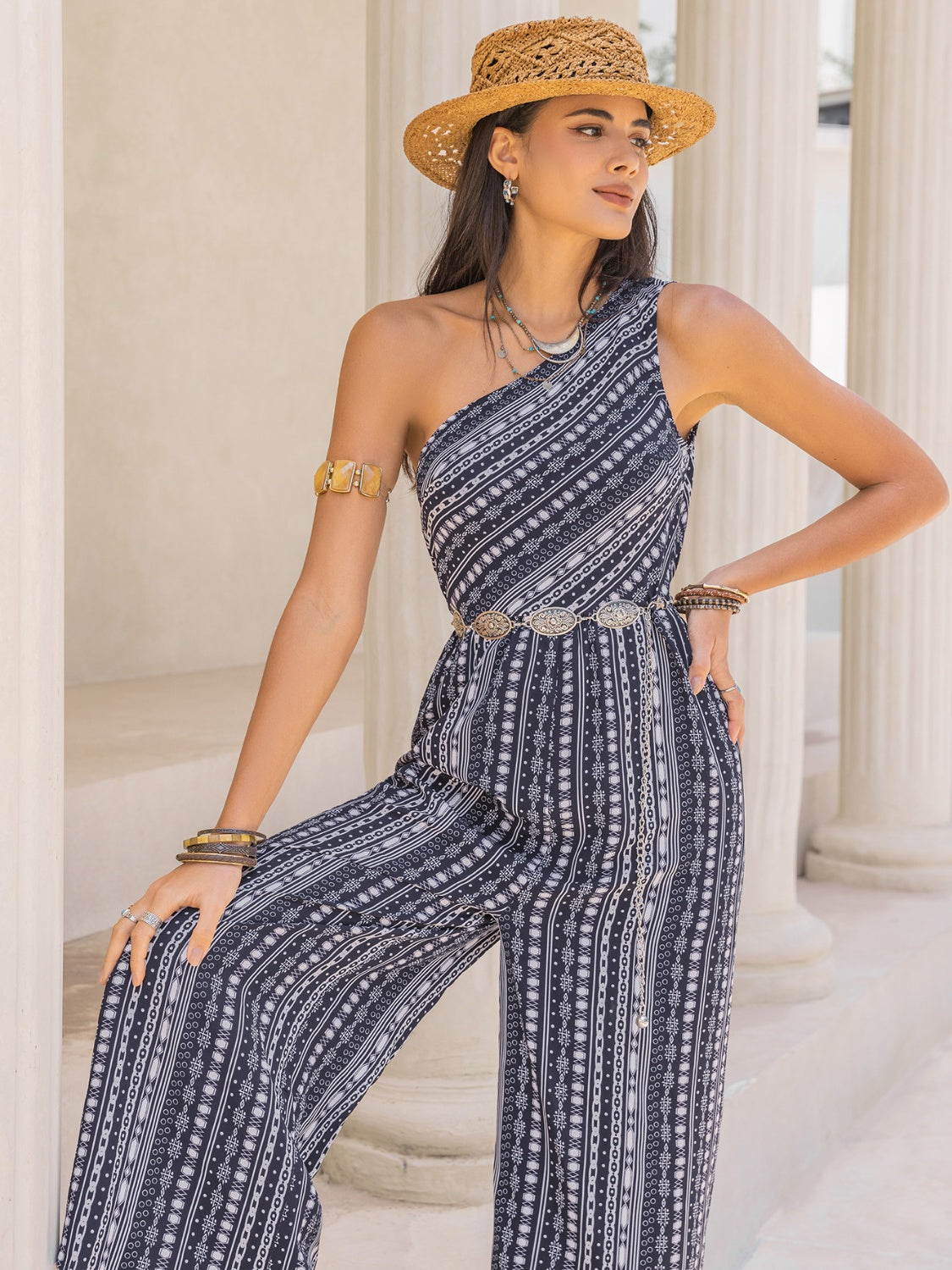 Printed Single Shoulder Sleeveless Jumpsuit-TOPS / DRESSES-[Adult]-[Female]-2022 Online Blue Zone Planet