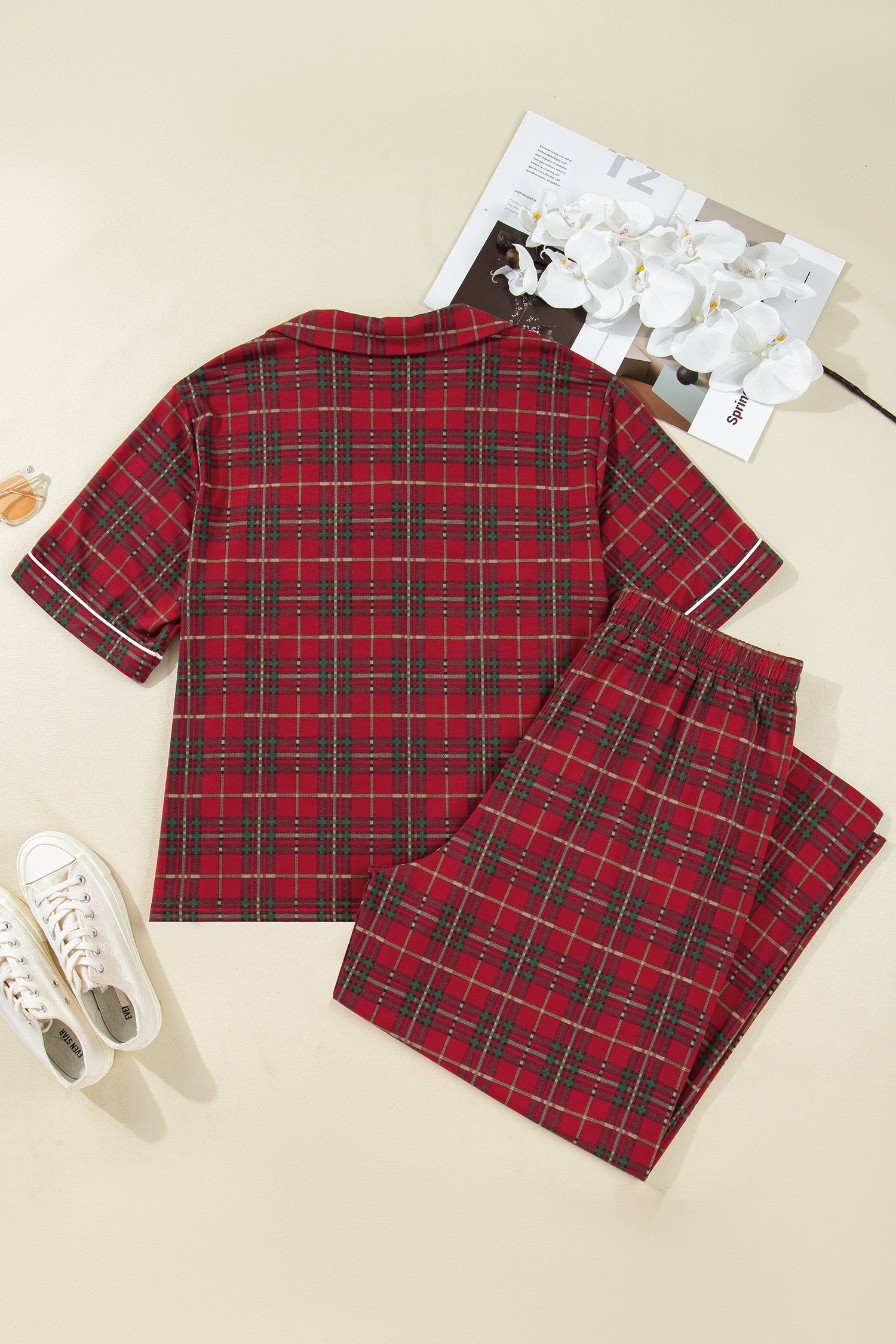 Red Plus Size Plaid Short Sleeve Shirt Loose Pants 2pcs Pajama Set-Plus Size/Plus Size Loungewear-[Adult]-[Female]-2022 Online Blue Zone Planet