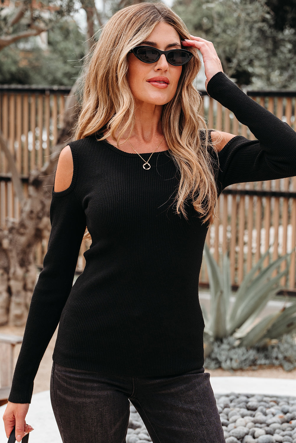 Black Ribbed Knit Cold Shoulder Sweater-TOPS / DRESSES-[Adult]-[Female]-2022 Online Blue Zone Planet