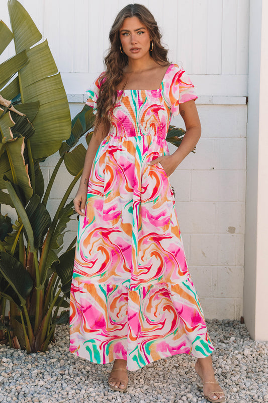 Pink Abstract Print Ruffled Sleeve Smocked Bust Maxi Dress-TOPS / DRESSES-[Adult]-[Female]-Pink-S-2022 Online Blue Zone Planet