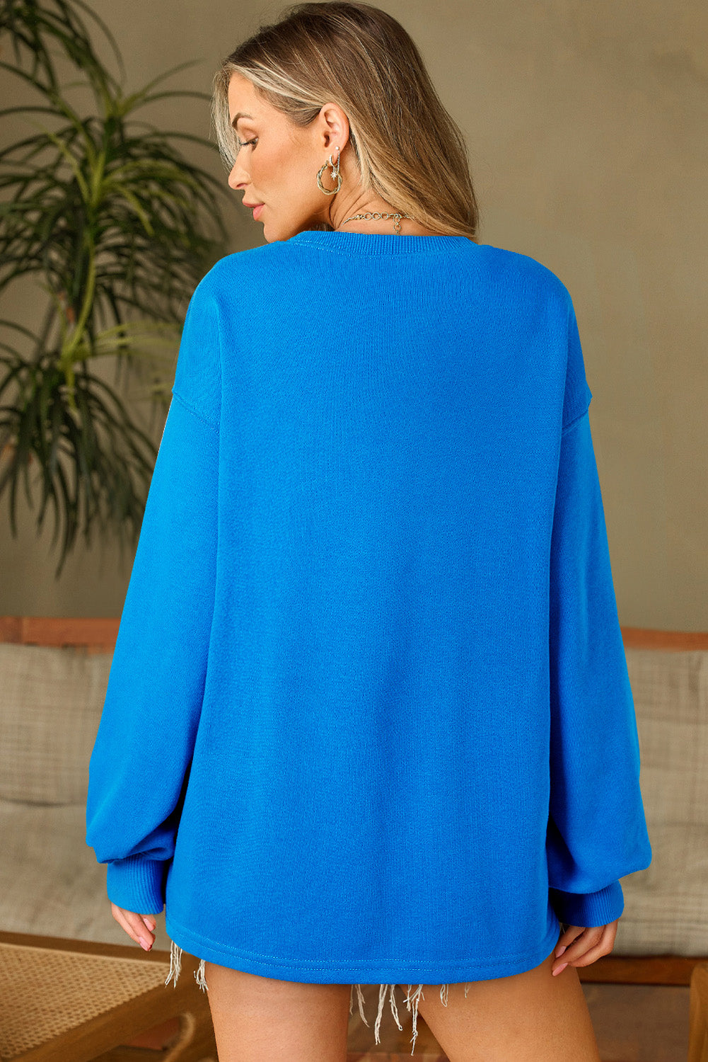 Sky Blue Solid Color Drop Shoulder Long Sleeve Basic Sweatshirt-Tops/Sweatshirts & Hoodies-[Adult]-[Female]-2022 Online Blue Zone Planet