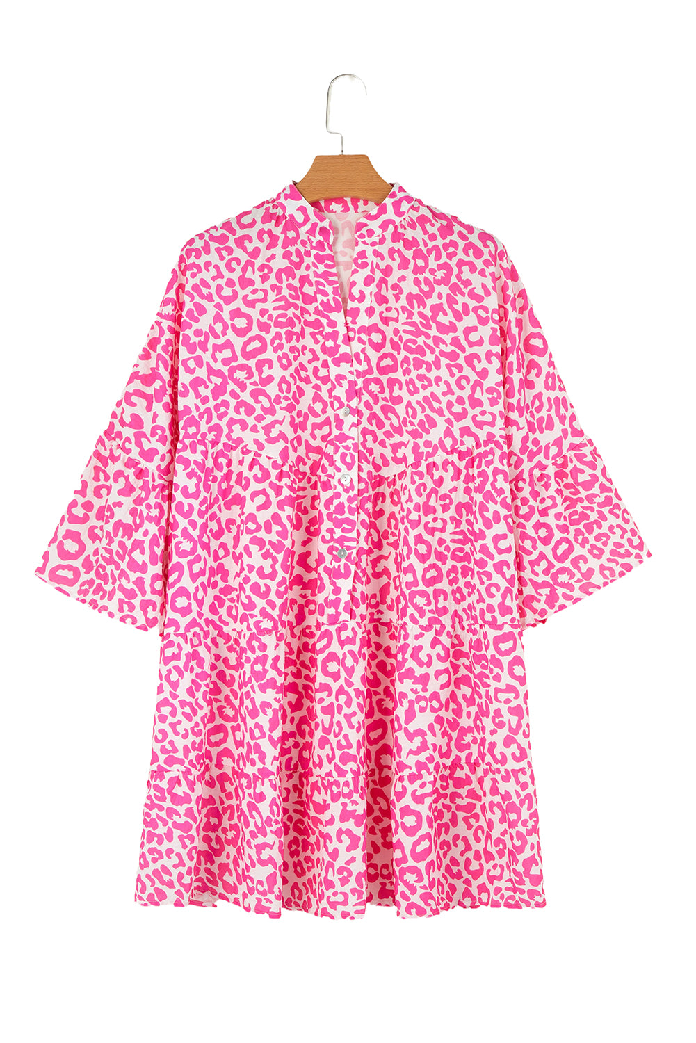 Bright Pink Leopard Printed Long Sleeve Buttoned Front Mini Dress-Dresses/Mini Dresses-[Adult]-[Female]-2022 Online Blue Zone Planet