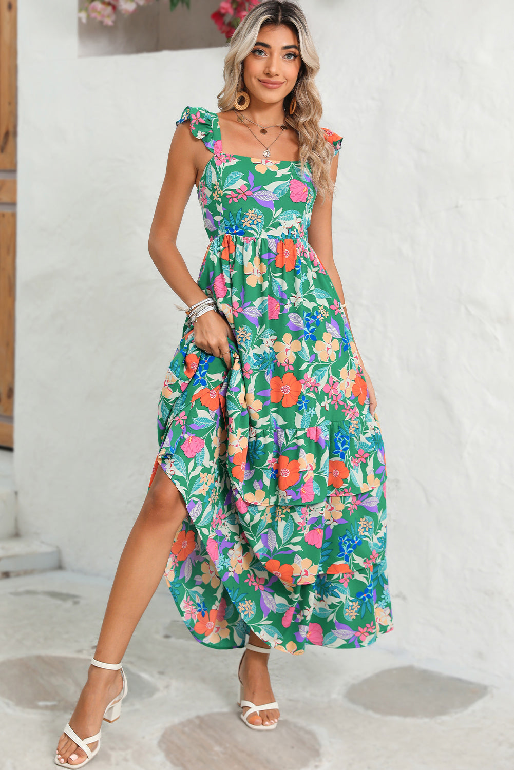 Pink Floral Print Sleeveless Ruffle Tiered Maxi Dress-Maxi Dresses-[Adult]-[Female]-2022 Online Blue Zone Planet