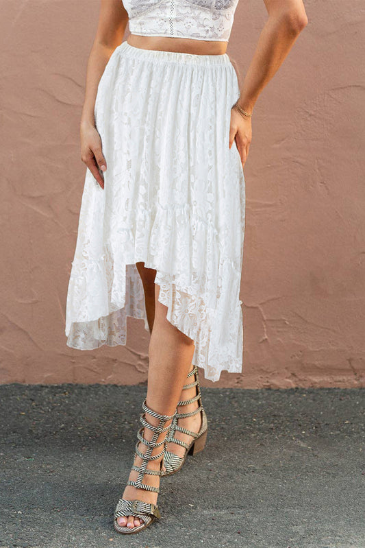 White Lace Ruffled High-low Hem Midi Skirt-Bottoms/Skirts & Petticoat-[Adult]-[Female]-White-S-2022 Online Blue Zone Planet