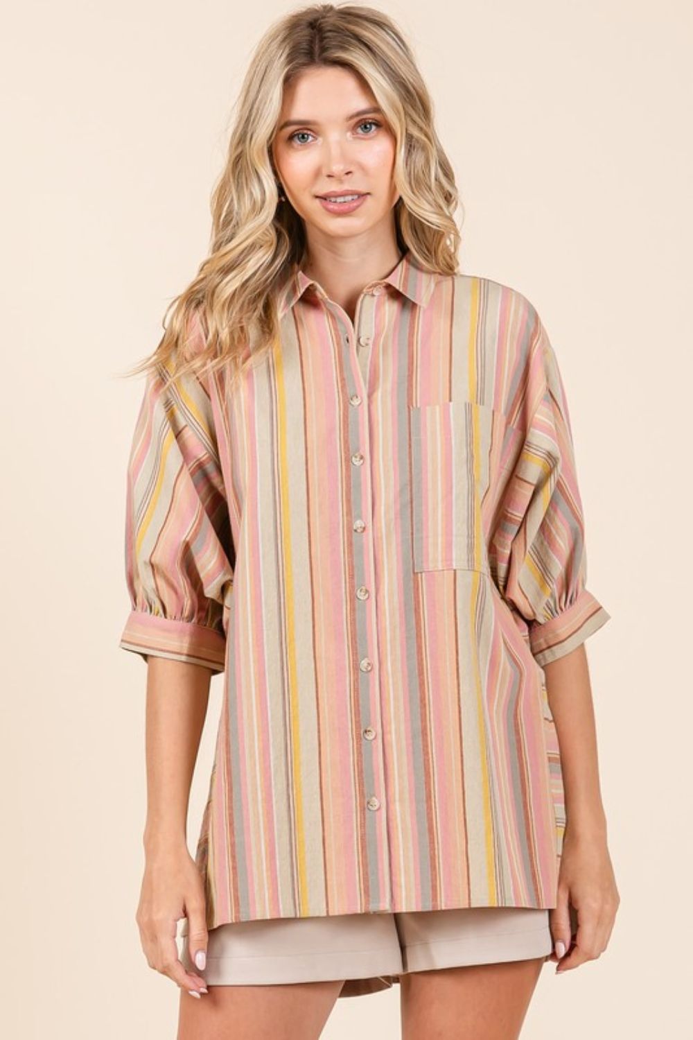 Mittoshop Striped Bubble Sleeve Button Down Shirt-TOPS / DRESSES-[Adult]-[Female]-2022 Online Blue Zone Planet