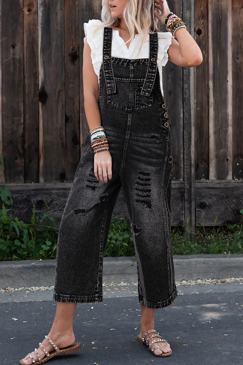 Stone Blue Distressed Bib Pocket Wide Leg Denim Overall-Bottoms/Jumpsuits & Rompers-[Adult]-[Female]-Black-S-2022 Online Blue Zone Planet