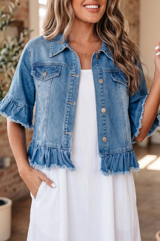 Blue Ruffle Hem Raw Edge Half Sleeve Western Denim Jacket-Outerwear/Denim jackets-[Adult]-[Female]-Blue-S-2022 Online Blue Zone Planet