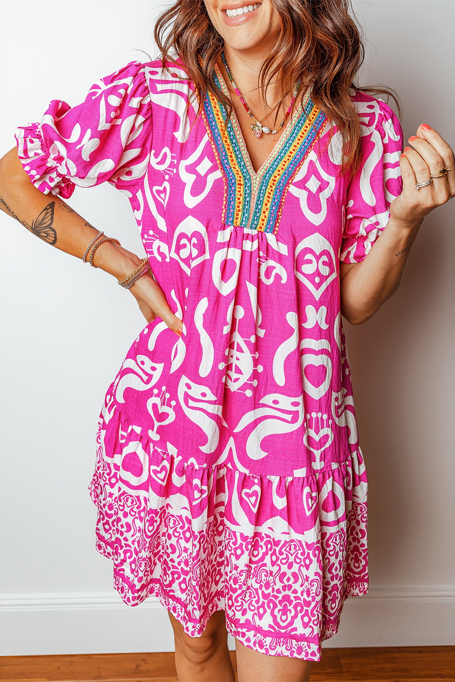 Rose Boho Mixed Print Contrast Trim V Neck Short Sleeve Flared Dress-TOPS / DRESSES-[Adult]-[Female]-2022 Online Blue Zone Planet