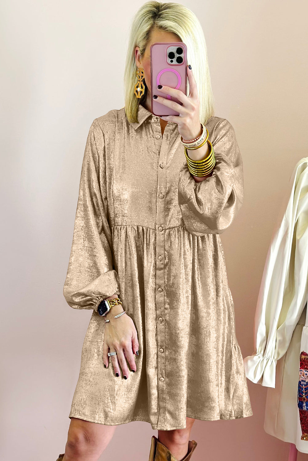 Apricot Metallic Sheen Puff Sleeve Button Up Mini Shirt Dress-Dresses/Mini Dresses-[Adult]-[Female]-2022 Online Blue Zone Planet