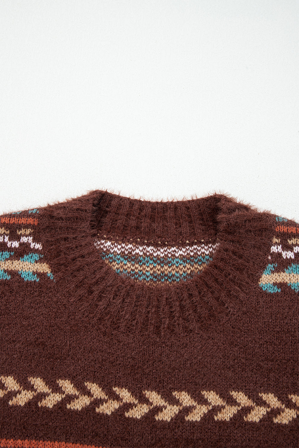 Brown Ethnic Pattern Mohair Knitted Drop Shoulder Sweater-TOPS / DRESSES-[Adult]-[Female]-2022 Online Blue Zone Planet