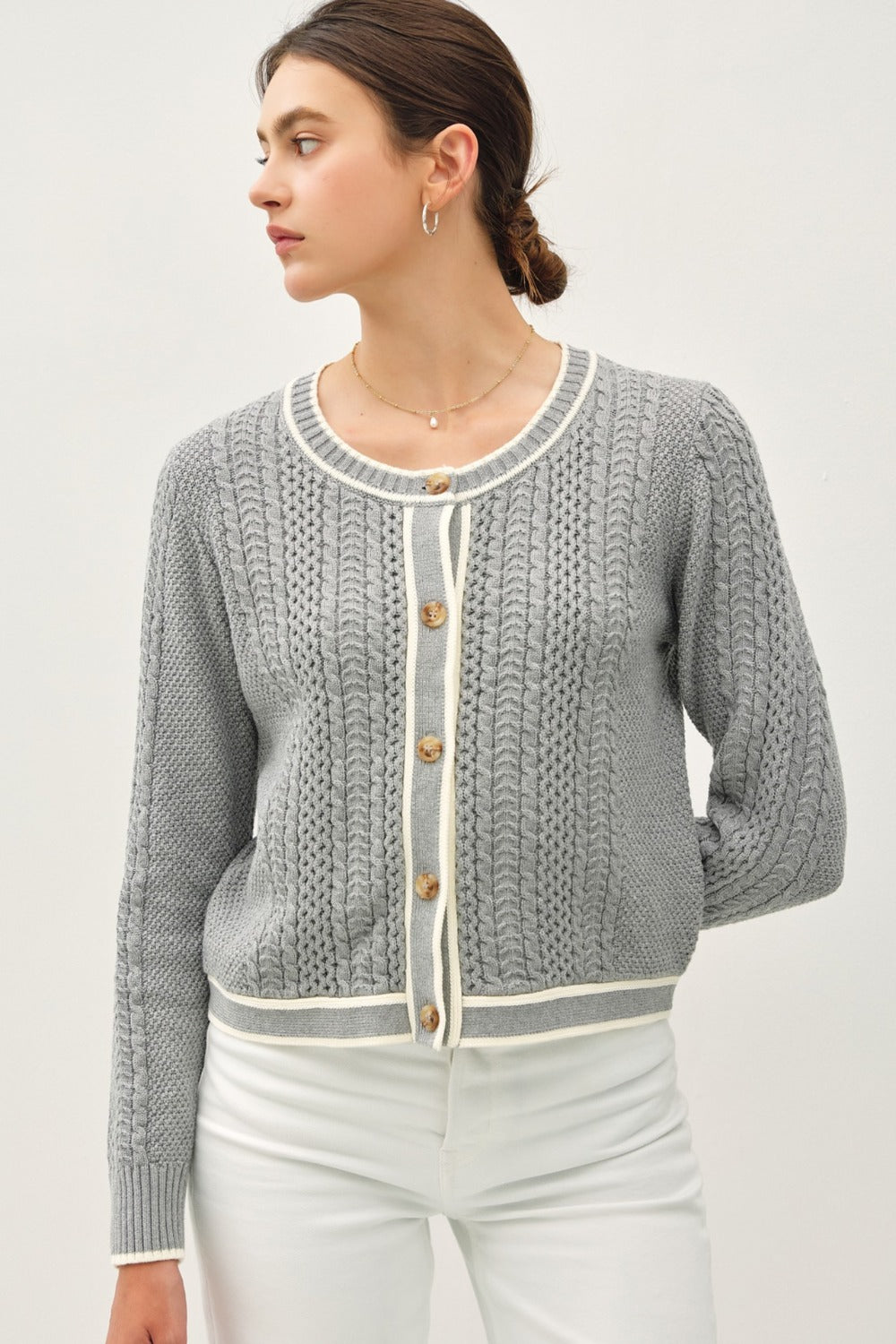 Be Cool Cable Knit Long Sleeve Contrast Edge Cardigan-TOPS / DRESSES-[Adult]-[Female]-Gray-S-2022 Online Blue Zone Planet